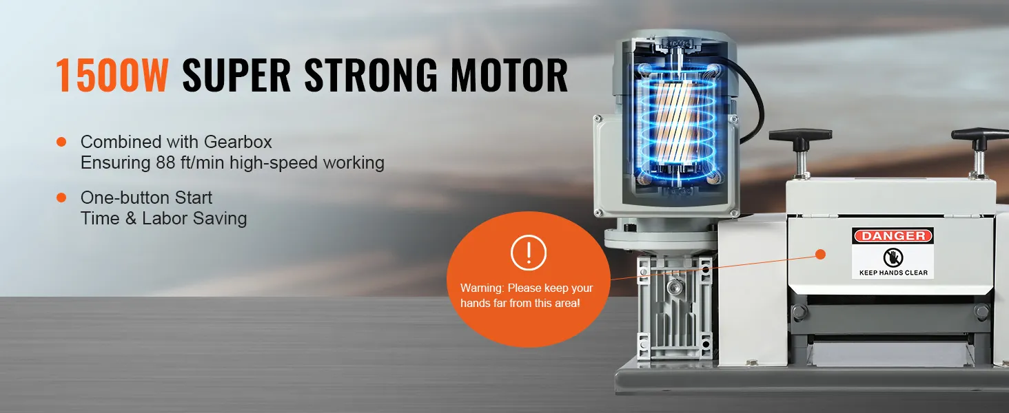 1500w VEVOR wire stripping machine with gearbox, high-speed operation, one-button start, safety warning.