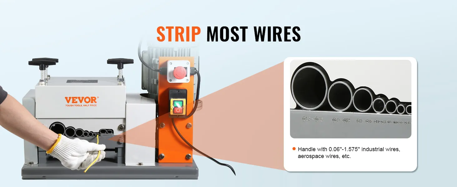 VEVOR wire stripping machine showcasing various wire diameters and its stripping capabilities.