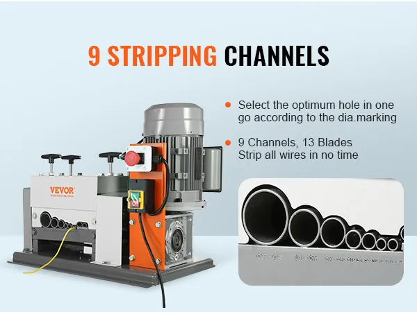 VEVOR wire stripping machine with 9 channels and 13 blades for efficient wire stripping.