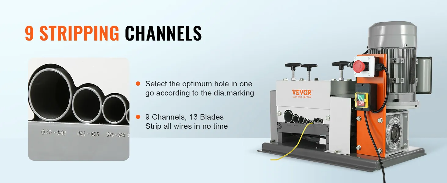 VEVOR wire stripping machine with 9 channels and 13 blades for efficient wire stripping.