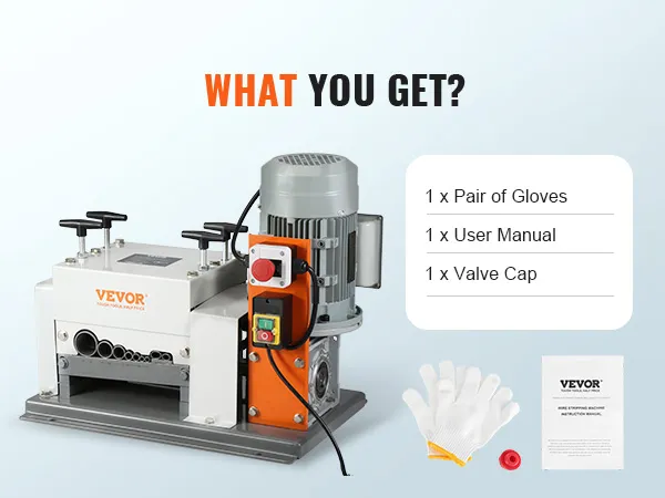 VEVOR wire stripping machine with included gloves, valve cap, and user manual displayed.