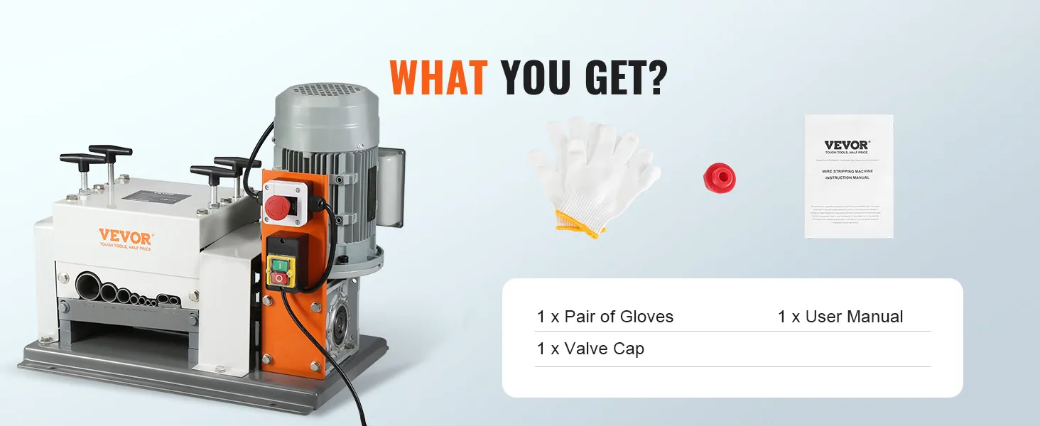 VEVOR wire stripping machine with included gloves, valve cap, and user manual displayed.