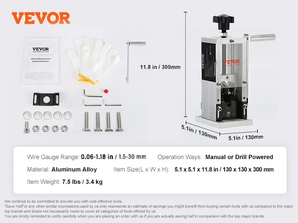 VEVOR wire stripping machine with accessories, dimensions, aluminum alloy material, and operation details.