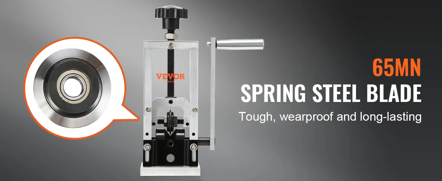 VEVOR wire stripping machine with 65mn spring steel blade, designed for toughness and durability.