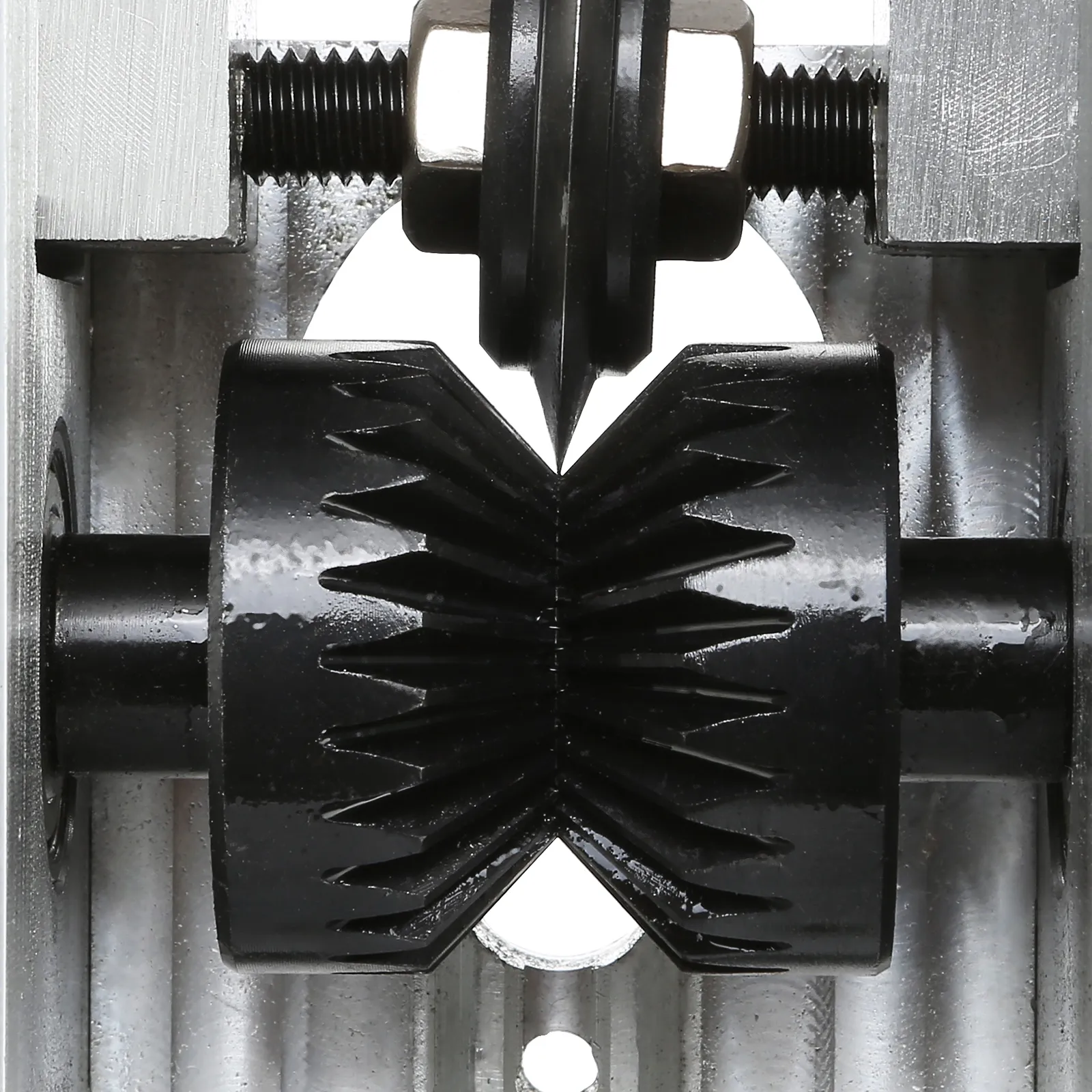 sharp cutting blades and grooved rollers of VEVOR wire stripping machine in close-up view.