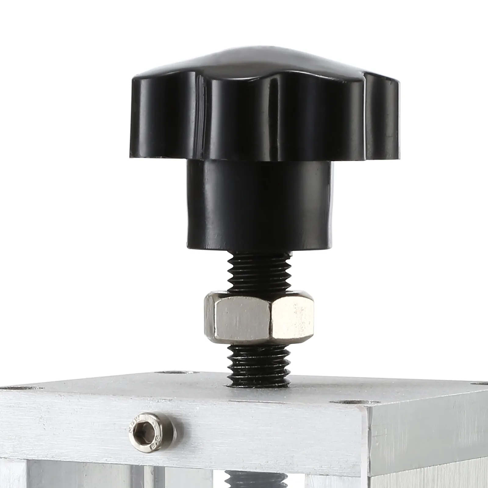 close-up of a VEVOR wire stripping machine adjustment knob and screw on a metal base.