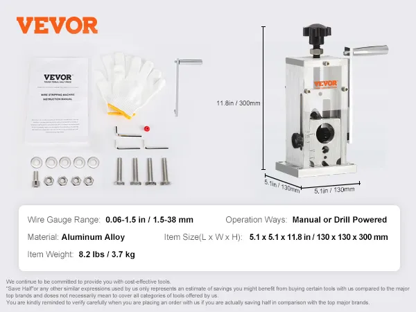 VEVOR wire stripping machine with 11.8in height, aluminum alloy, manual or drill powered tools and accessories.