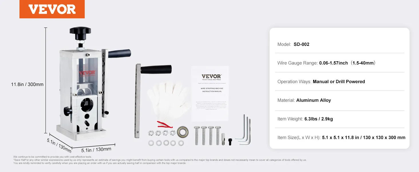 VEVOR wire stripping machine with 11.8in height, aluminum alloy, manual or drill powered tools and accessories.