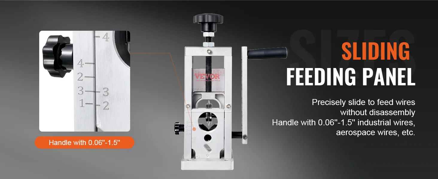 VEVOR wire stripping machine with sliding feeding panel, handling 0.06"-1.5" industrial and aerospace wires.