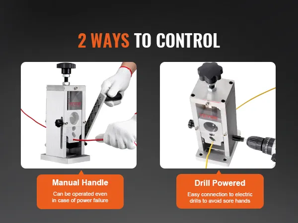 VEVOR wire stripping machine with drill-powered and manual handle control options highlighted.