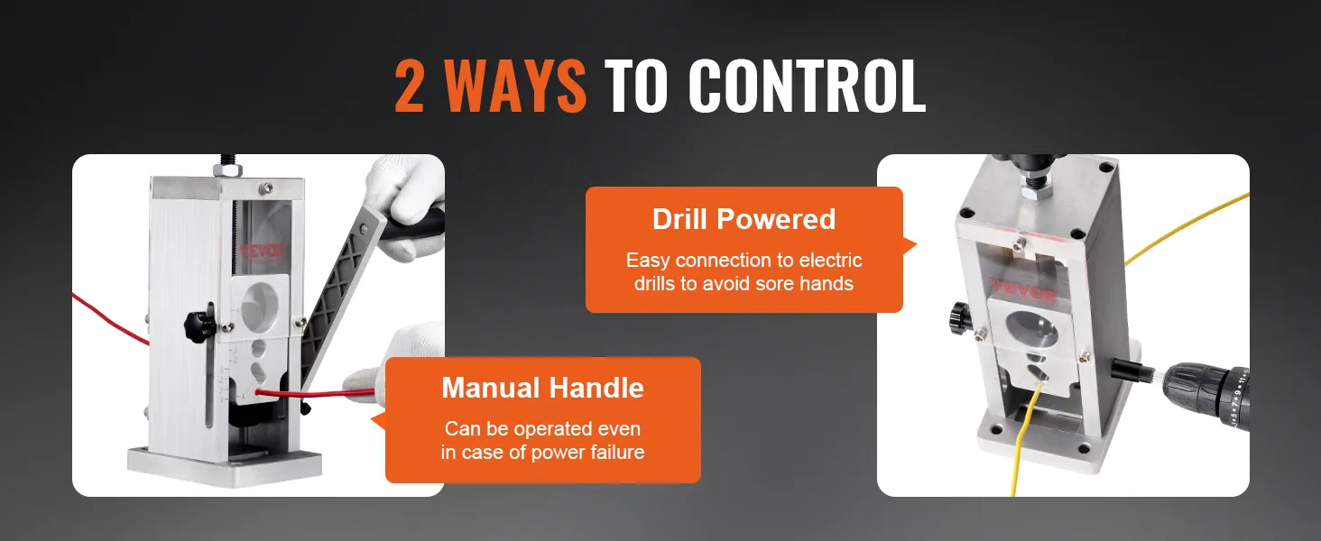 VEVOR wire stripping machine with drill-powered and manual handle control options highlighted.