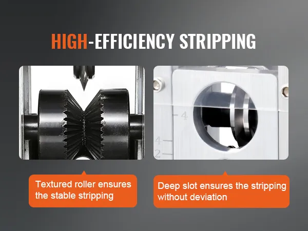 VEVOR wire stripping machine with textured roller and deep slot for stable, efficient stripping.