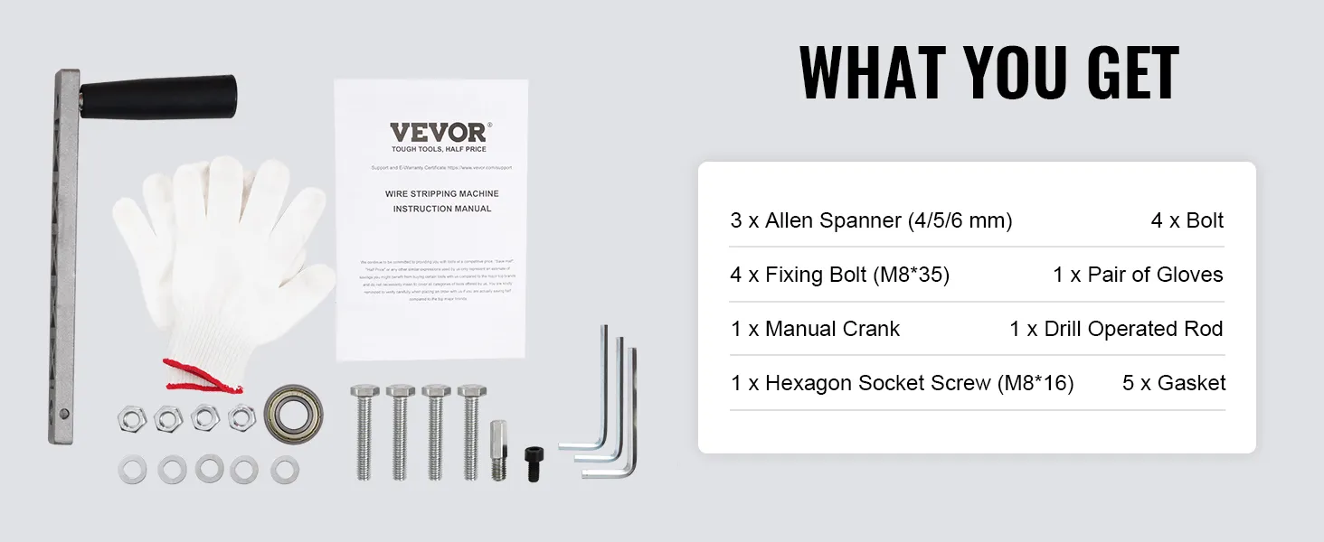 VEVOR wire stripping machine components: manual crank, gloves, bolts, fixings, and instruction manual.