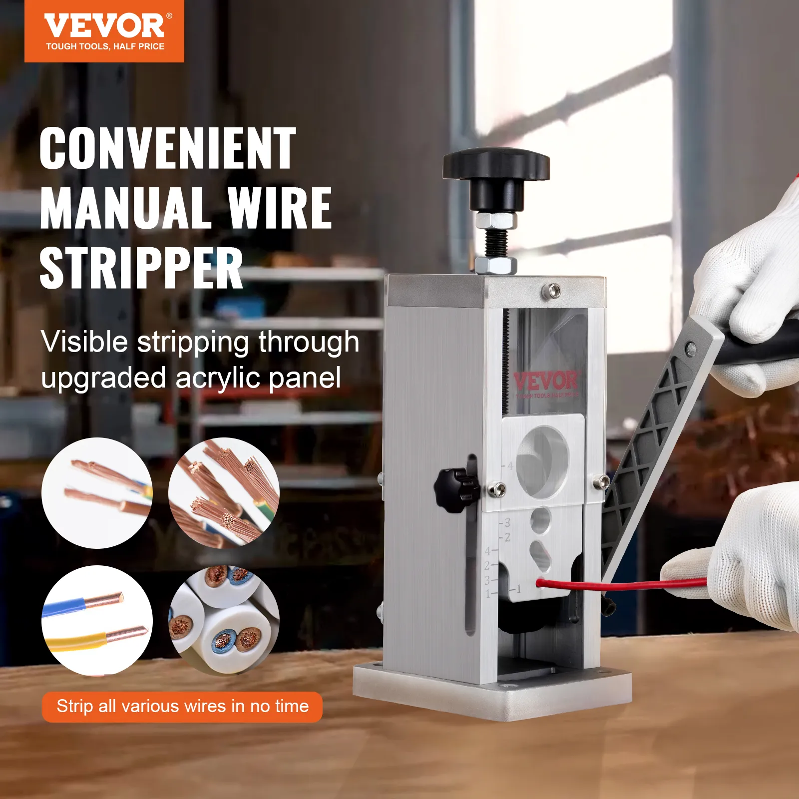 VEVOR wire stripping machine for convenient manual wire stripping with acrylic panel and precise cuts.