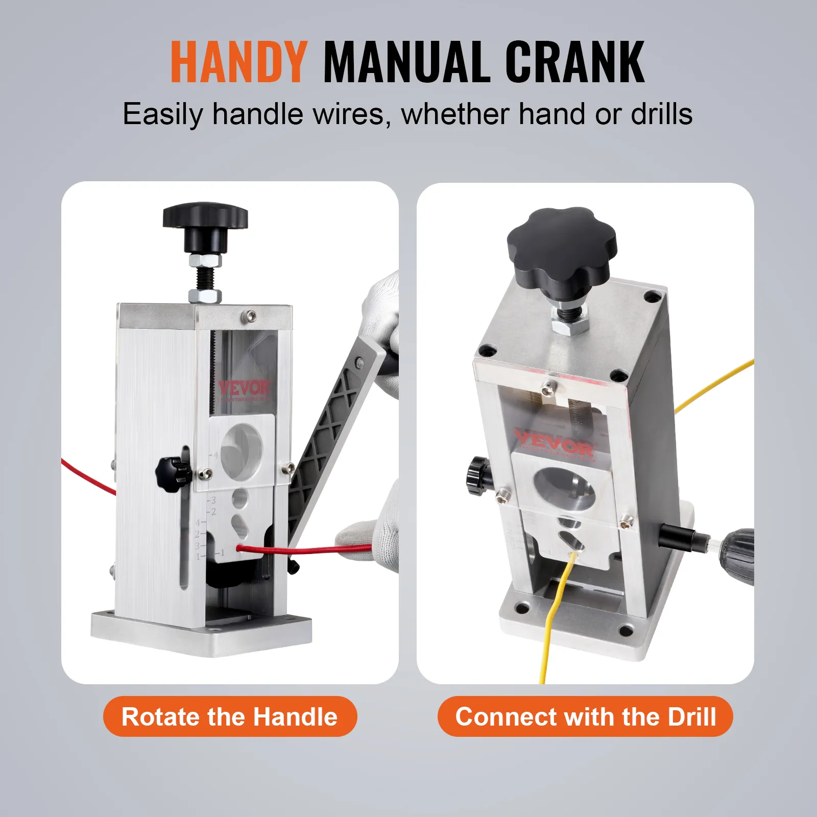 VEVOR wire stripping machine with manual crank for easy wire handling, compatible with hand or drills.