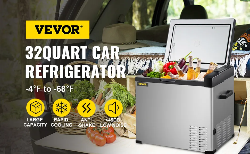 VEVOR 12 volt refrigerator in a car trunk, filled with fresh produce and beverages.
