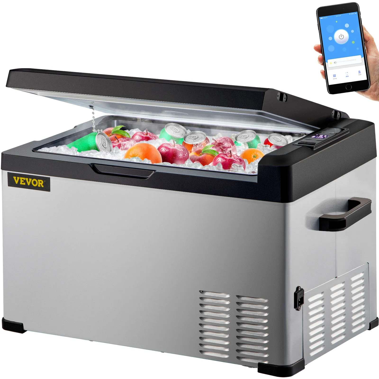 VEVOR 12 volt refrigerator with open lid showing drinks and fruits, connected to smartphone.