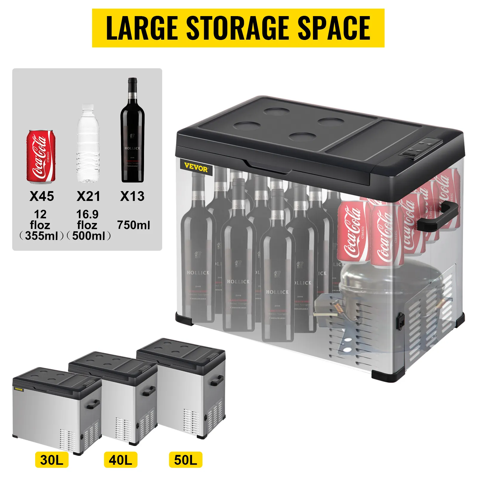 VEVOR 12 volt refrigerator showing large storage capacity for cans, bottles, various sizes.