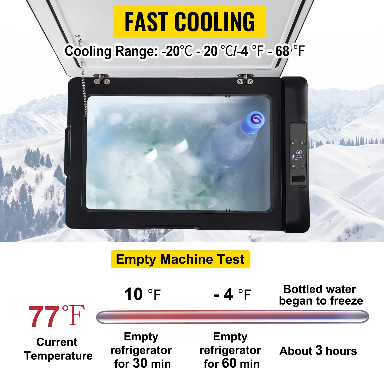 VEVOR 12 volt refrigerator showing fast cooling and performance test results in snowy landscape.