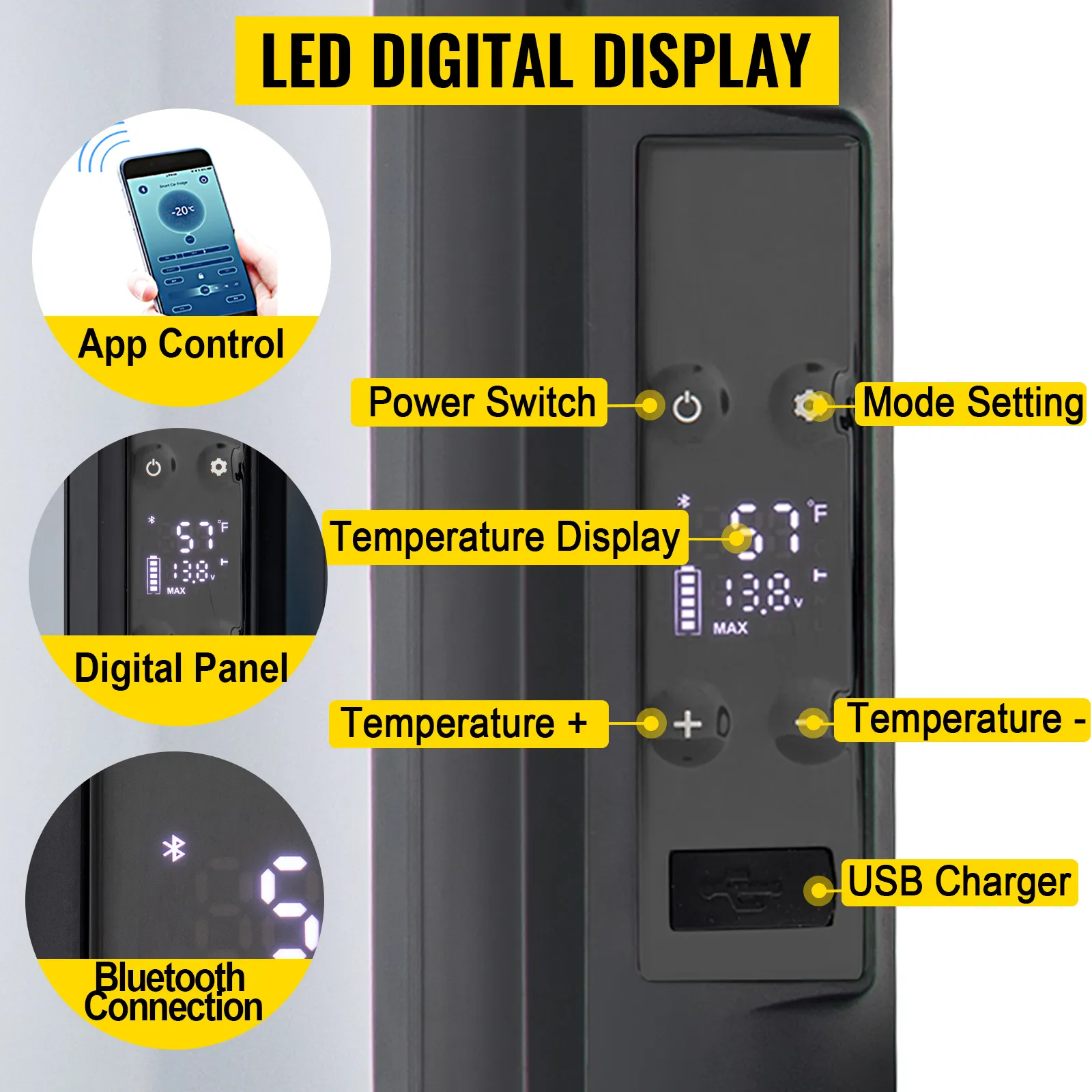 VEVOR 12 volt refrigerator with led display, app control, usb charger, and bluetooth connection.