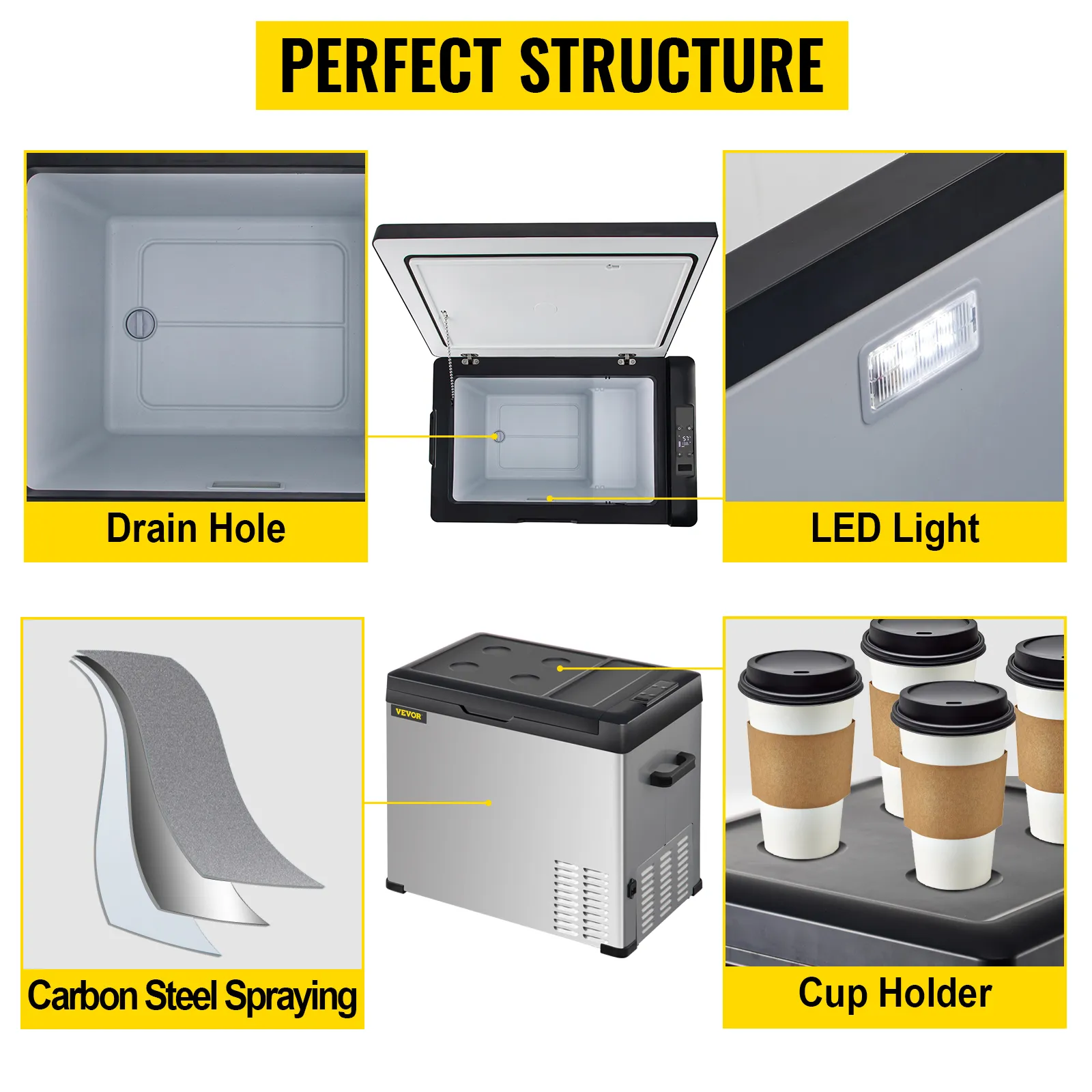 drain hole, led light, carbon steel spraying, cup holder on VEVOR 12 volt refrigerator.
