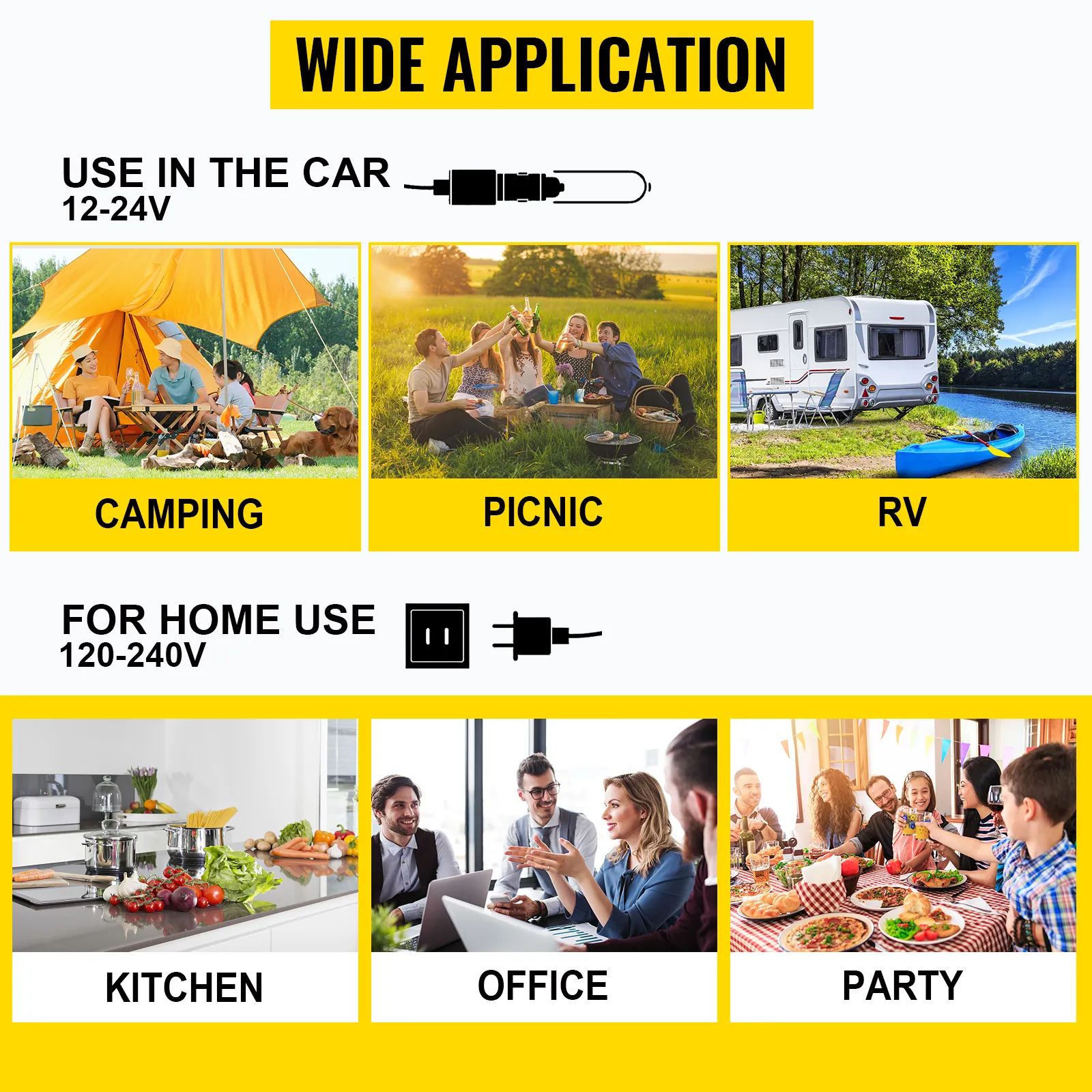 wide application of VEVOR 12 volt refrigerator for camping, picnic, rv, kitchen, office, party.