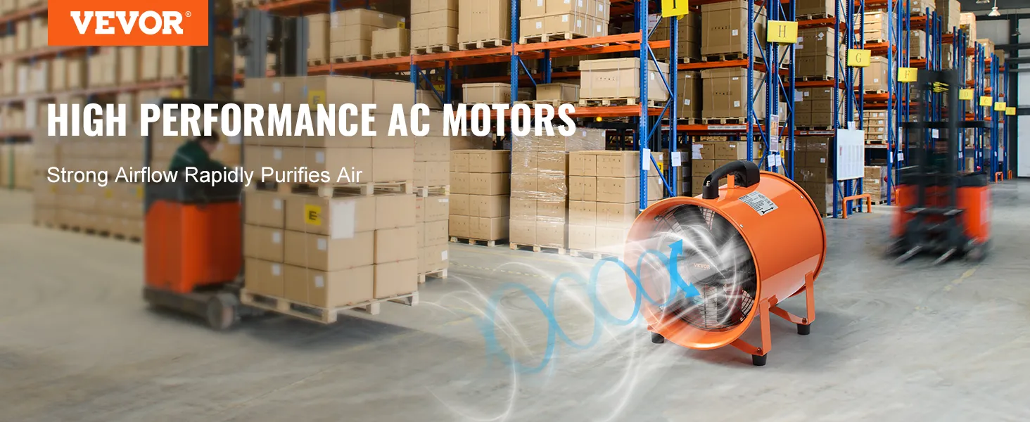 Przenośny respirator VEVOR w magazynie z wydajnymi silnikami prądu zmiennego i silnym przepływem powietrza oczyszczającym powietrze.