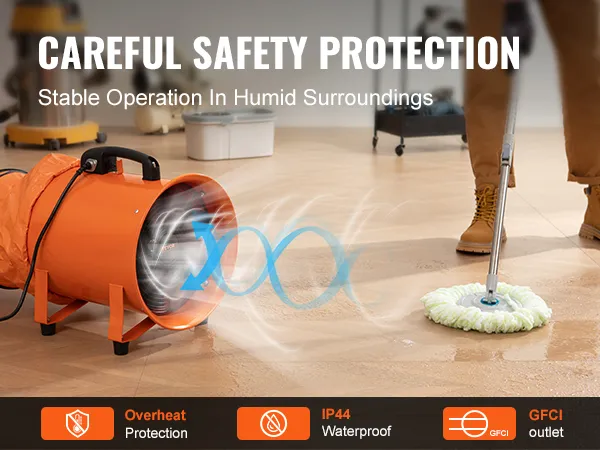 Przenośny respirator VEVOR z zabezpieczeniem przed przegrzaniem, wodoodpornością IP44 i wyjściem GFCI na drewnianej podłodze.