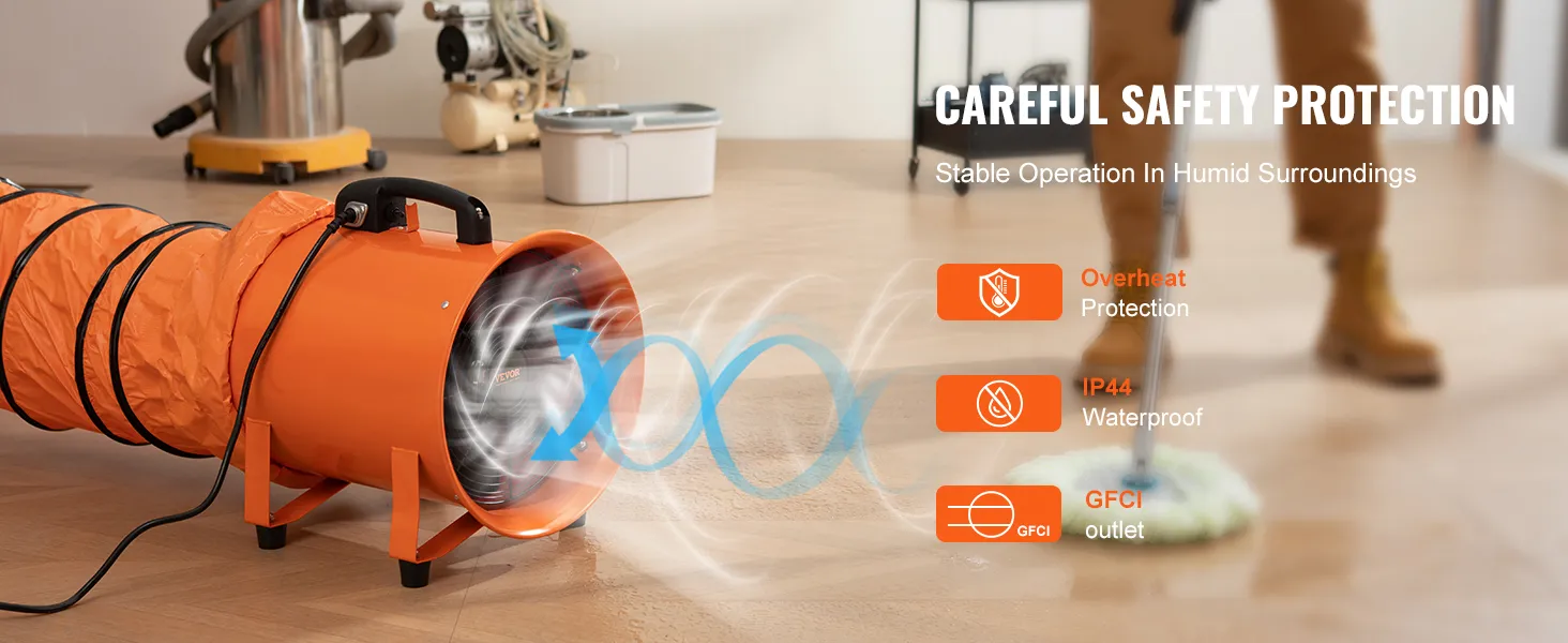 Przenośny respirator VEVOR z zabezpieczeniem przed przegrzaniem, wodoodpornością IP44 i wyjściem GFCI na drewnianej podłodze.