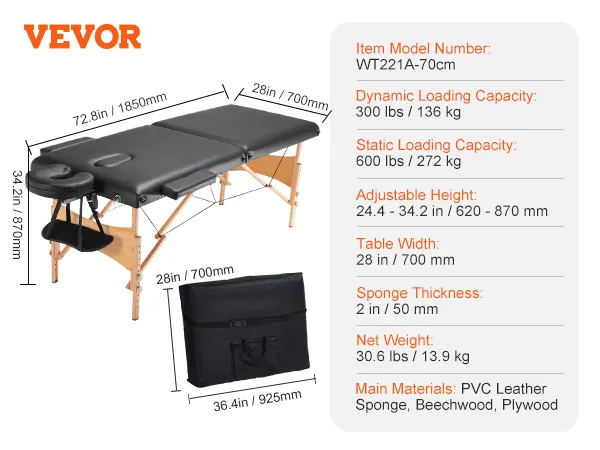 VEVOR portable massage table with adjustable height, carrying bag, and detailed dimensions.