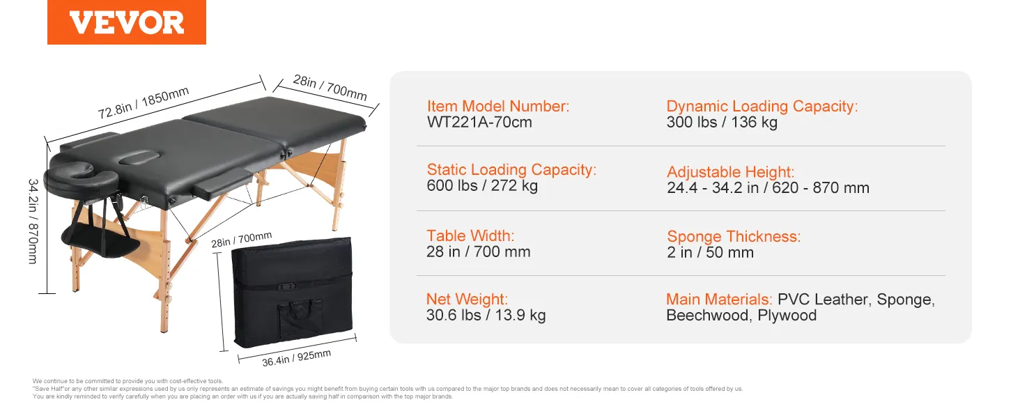 VEVOR portable massage table with adjustable height, carrying bag, and detailed dimensions.