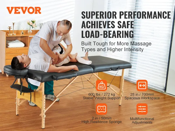 VEVOR portable massage table with 600 lbs support, 28 in workspace, 2 in sponge, and multifunctional adjustments.