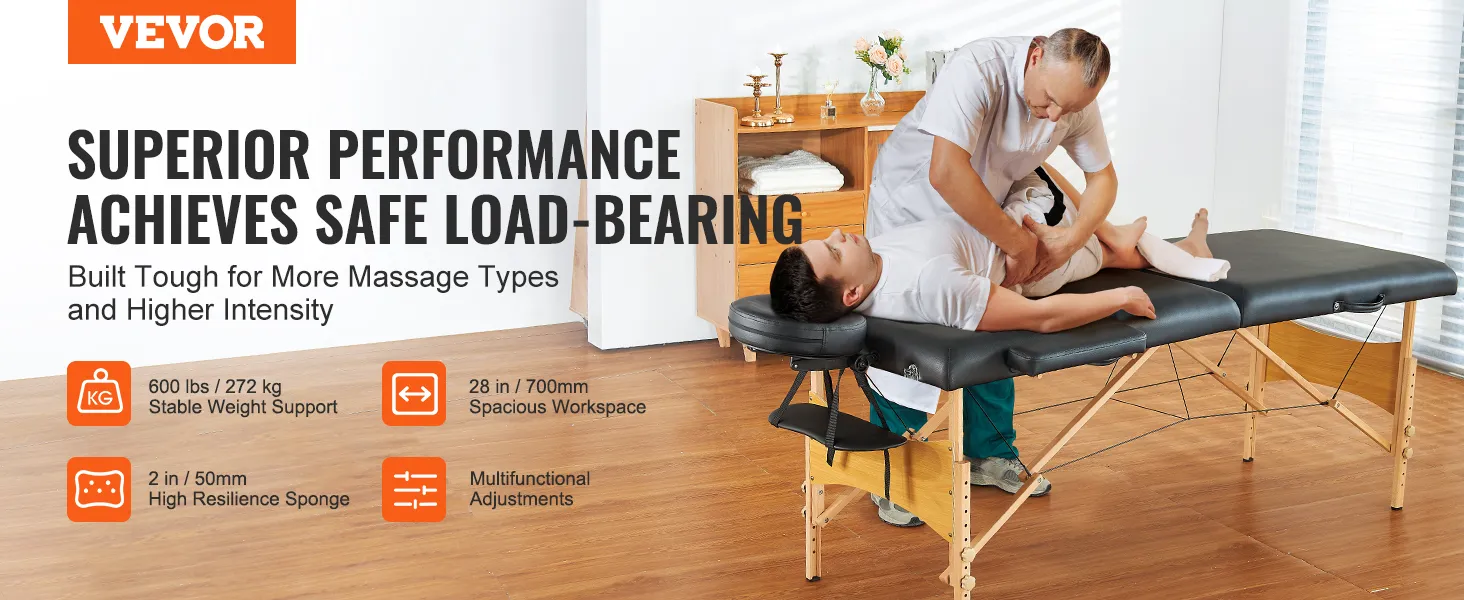VEVOR portable massage table with 600 lbs support, 28 in workspace, 2 in sponge, and multifunctional adjustments.