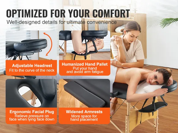 VEVOR portable massage table with adjustable headrest, ergonomic facial plug, and widened armrests.