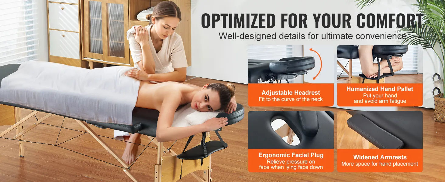 VEVOR portable massage table with adjustable headrest, ergonomic facial plug, and widened armrests.