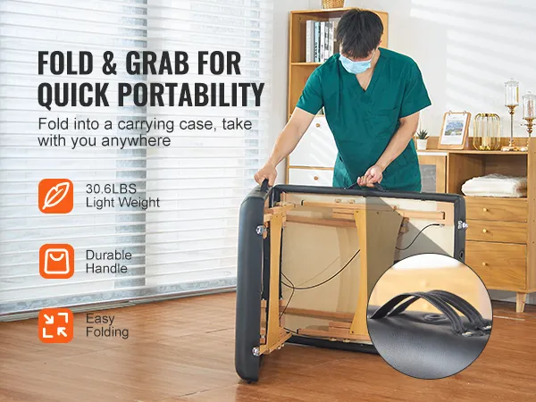VEVOR portable massage table being folded, showcasing its lightweight, durable handle, and easy folding.