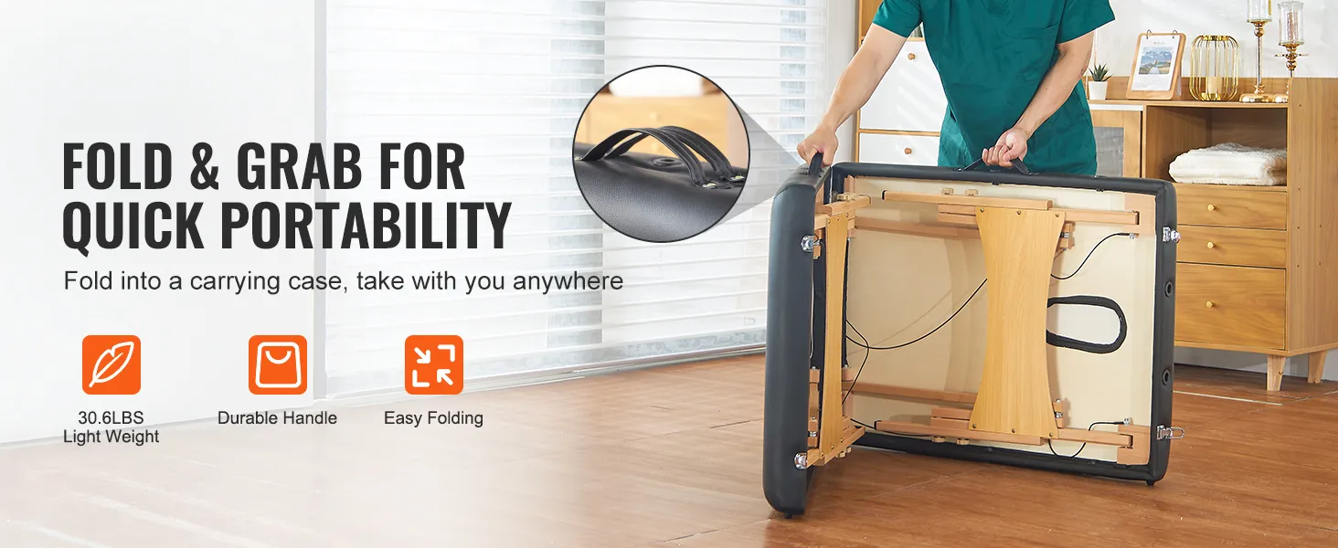 VEVOR portable massage table being folded, showcasing its lightweight, durable handle, and easy folding.