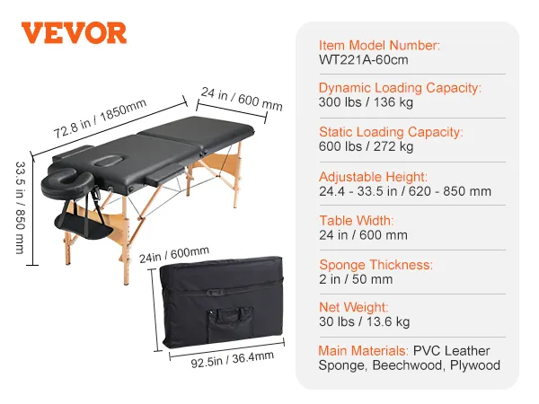 VEVOR portable massage table with dimensions, weight, and specifications displayed; includes carry case.