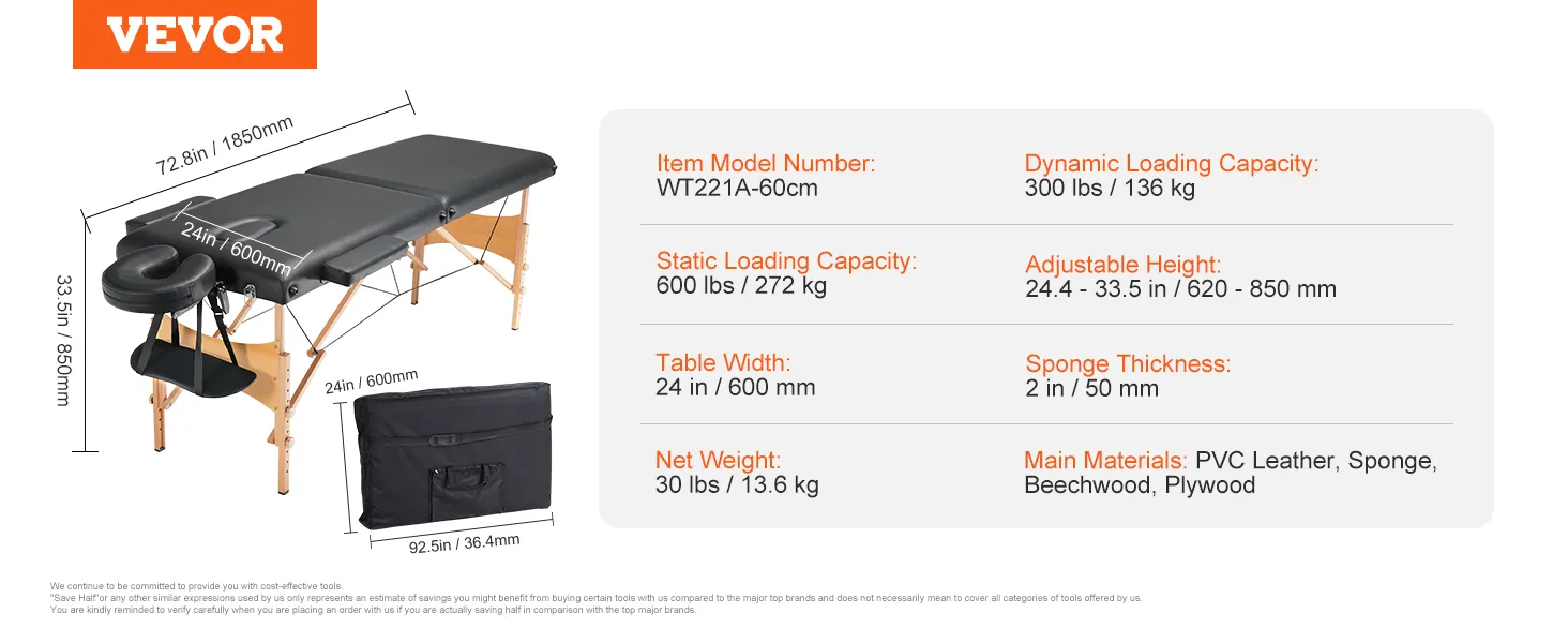 VEVOR portable massage table with dimensions, weight, and specifications displayed; includes carry case.