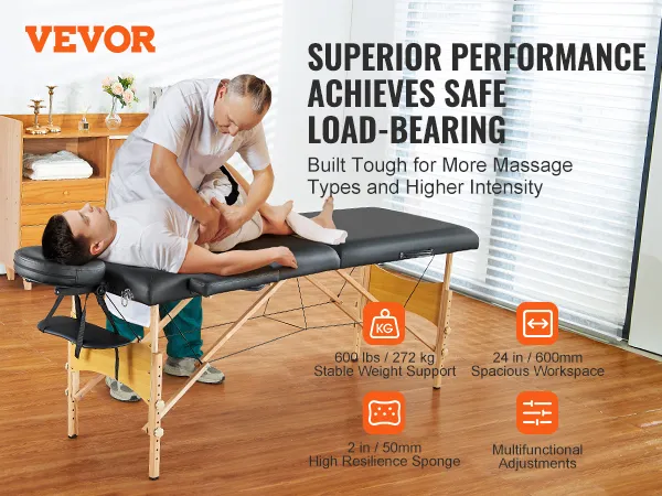 VEVOR portable massage table showcasing superior load-bearing, 24-in workspace, and multifunctional adjustments.