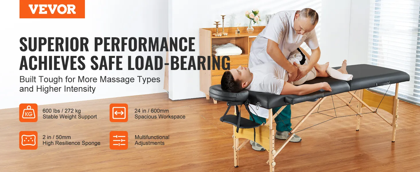 VEVOR portable massage table showcasing superior load-bearing, 24-in workspace, and multifunctional adjustments.
