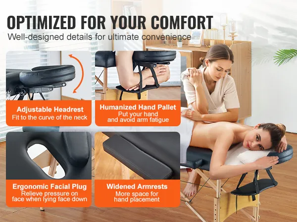 VEVOR portable massage table with adjustable headrest, ergonomic facial plug, and widened armrests.