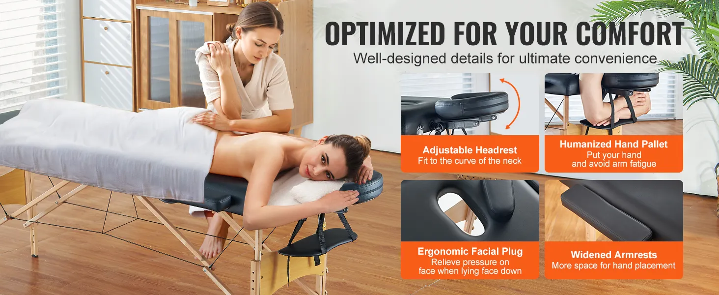 VEVOR portable massage table with adjustable headrest, ergonomic facial plug, and widened armrests.