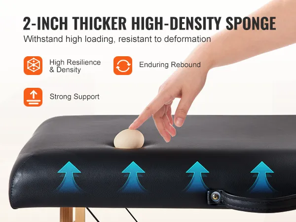 hand pressing egg into the high-density sponge of the VEVOR portable massage table, showing resilience.