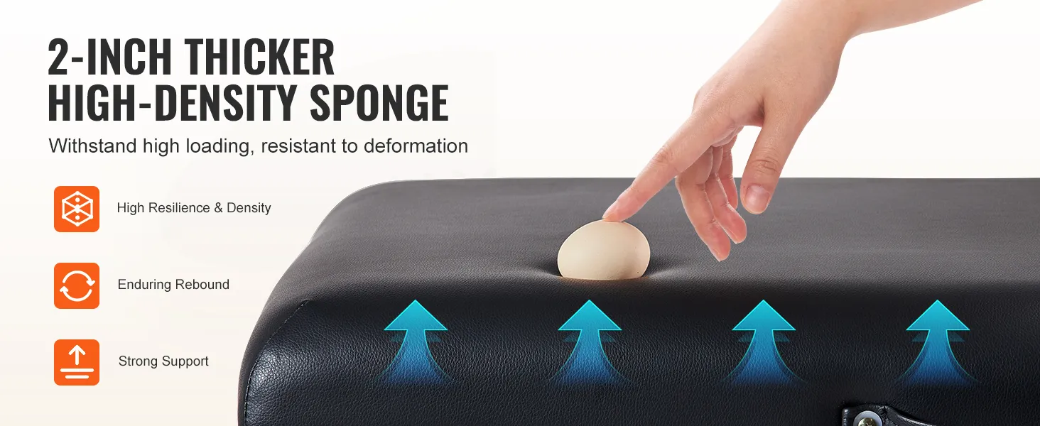 hand pressing egg into the high-density sponge of the VEVOR portable massage table, showing resilience.