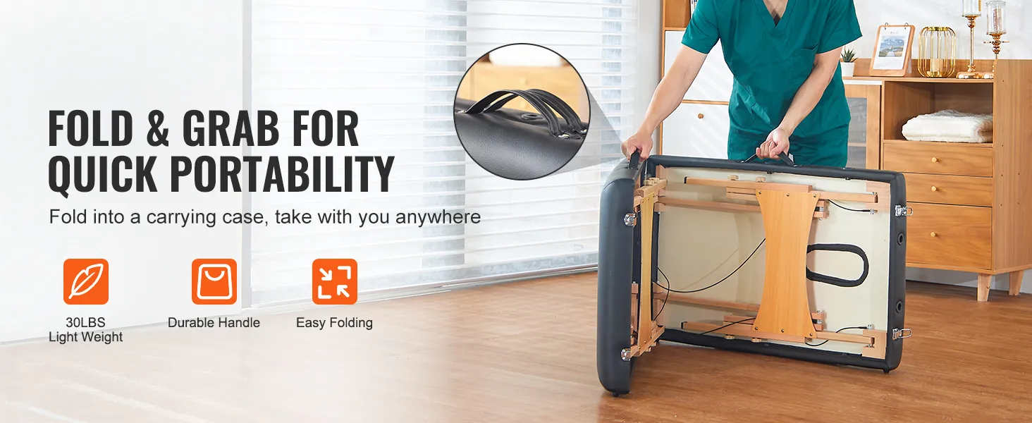 VEVOR portable massage table being folded for easy carrying with durable handle and lightweight design.