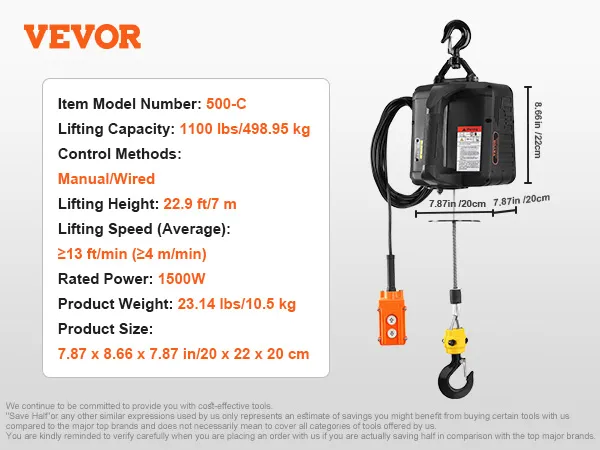 VEVOR electric hoist winch 500-c, 1100 lbs capacity, 1500w power, 22.9 ft lifting height, manual/wired control.