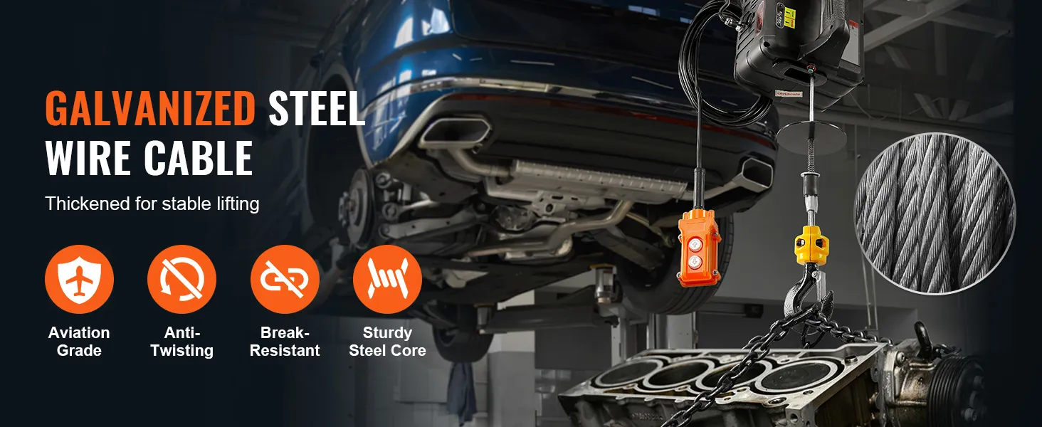 VEVOR electric hoist winch lifting an engine with galvanized steel wire cable, showcasing its durability.