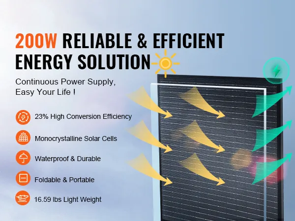 Pannello solare VEVOR da 200 W con efficienza del 23%, celle monocristalline, impermeabile, pieghevole e portatile.