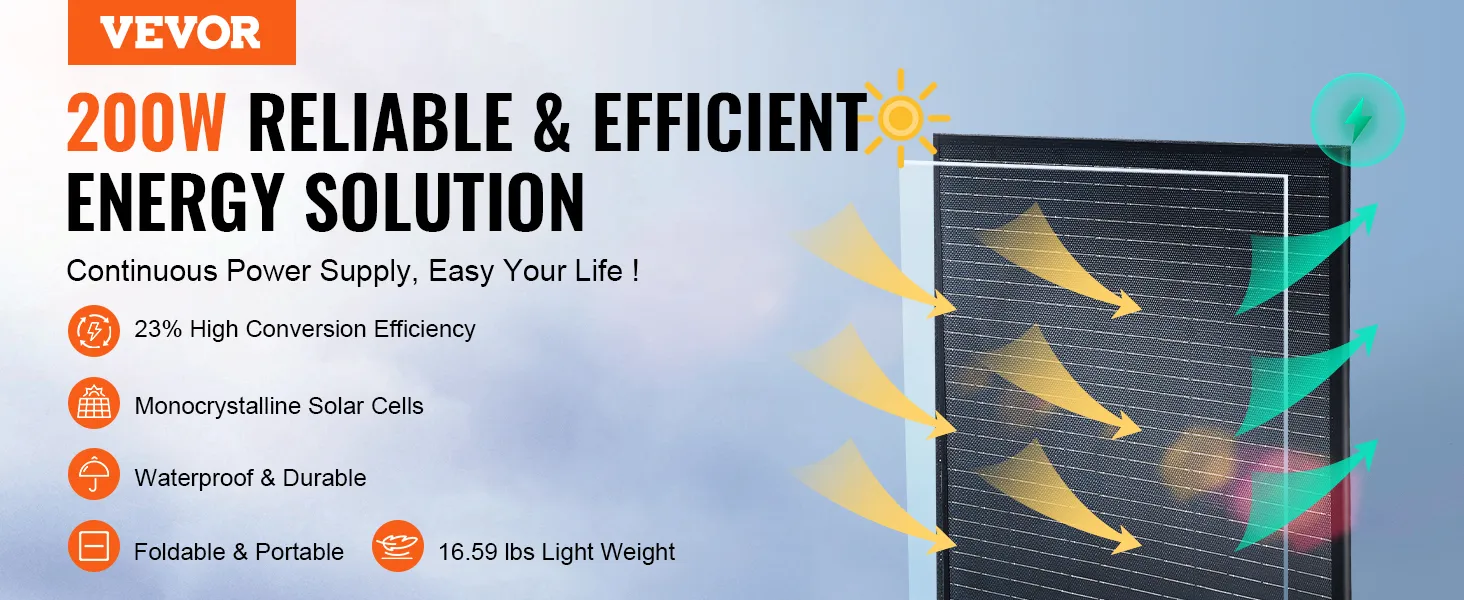 Pannello solare VEVOR da 200 W con efficienza del 23%, celle monocristalline, impermeabile, pieghevole e portatile.